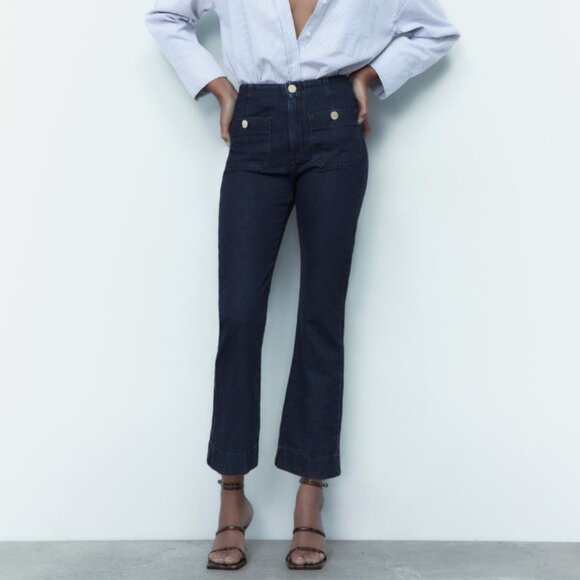 Zara High Rise Mini Flare Jeans with Gold Buttons - Picture 1 of 10